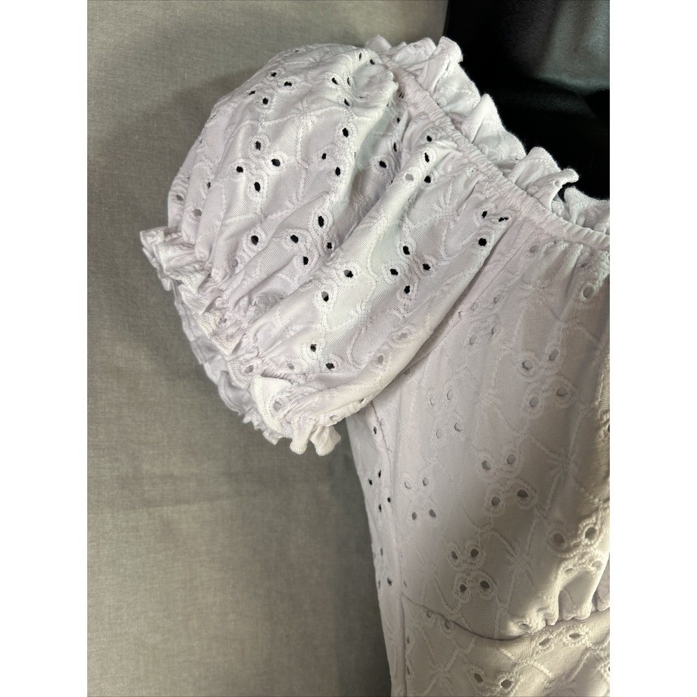 Love Squared White Eyelet Lace Mini Dress Sz M Ruffle Puff Sleeve Milkmaid Boho - Picture 11 of 16